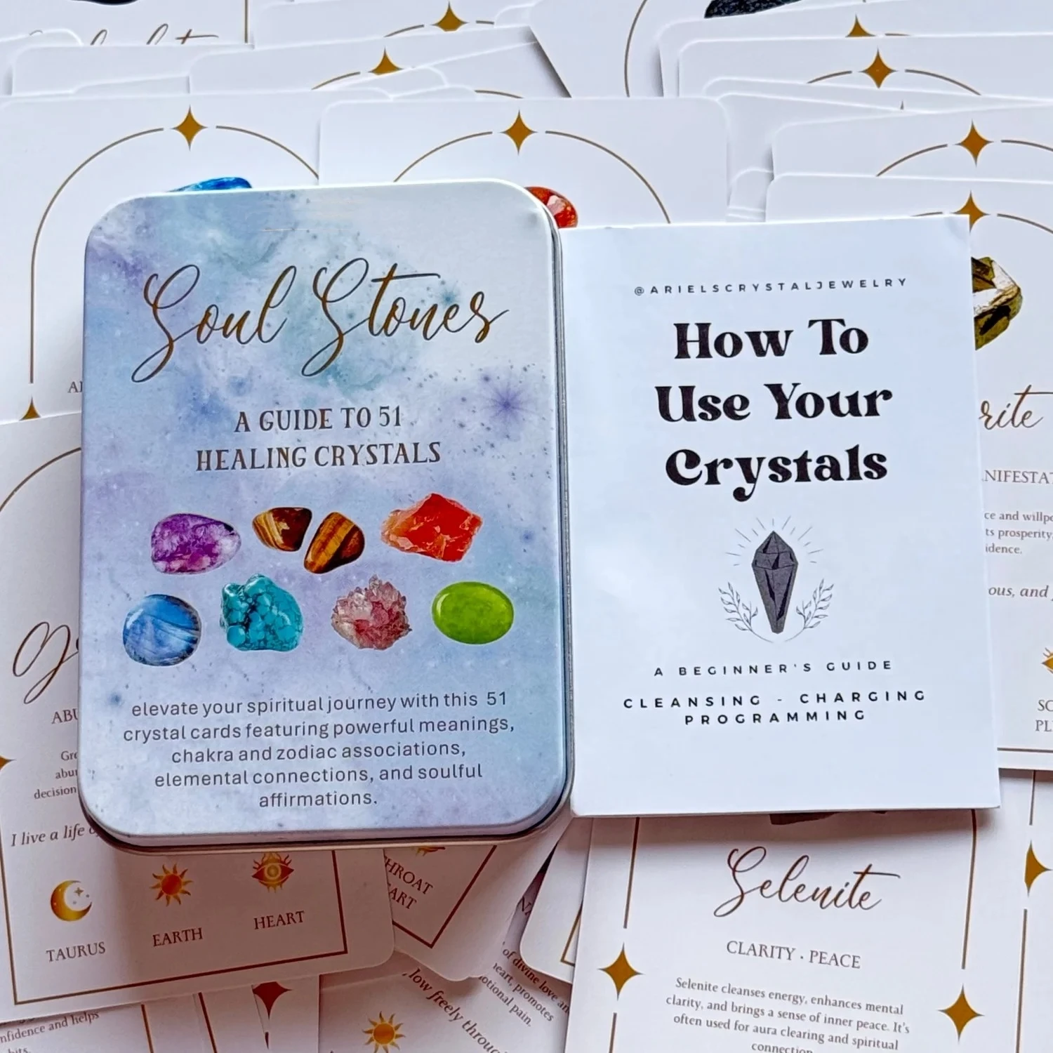 Soul Stones A Guide To 51 Healing Crystals Oracle Cards In Metal Box 11*8.4cm With Paper Guidebook For Divination Meditation