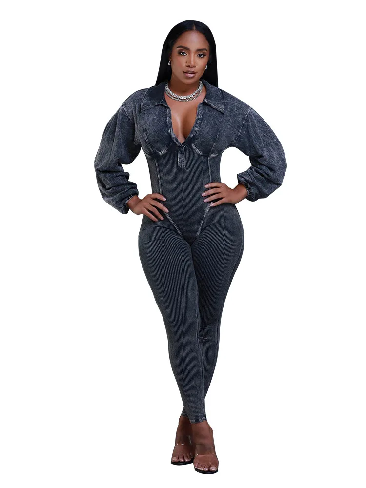 

High Waist Large Size Zipper Long Sve Jumpsuit Women's Casual Sle Polyester Fabric Printed Trousers Autumn Faion