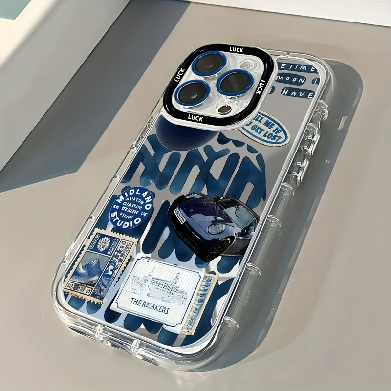 Fashion Blue Sports Car Phone Case For iPhone 11 12 13 14 15 16 17 Pro Max 7 8 Plus XR XS Max 16E 17E New Mirror Design Cover