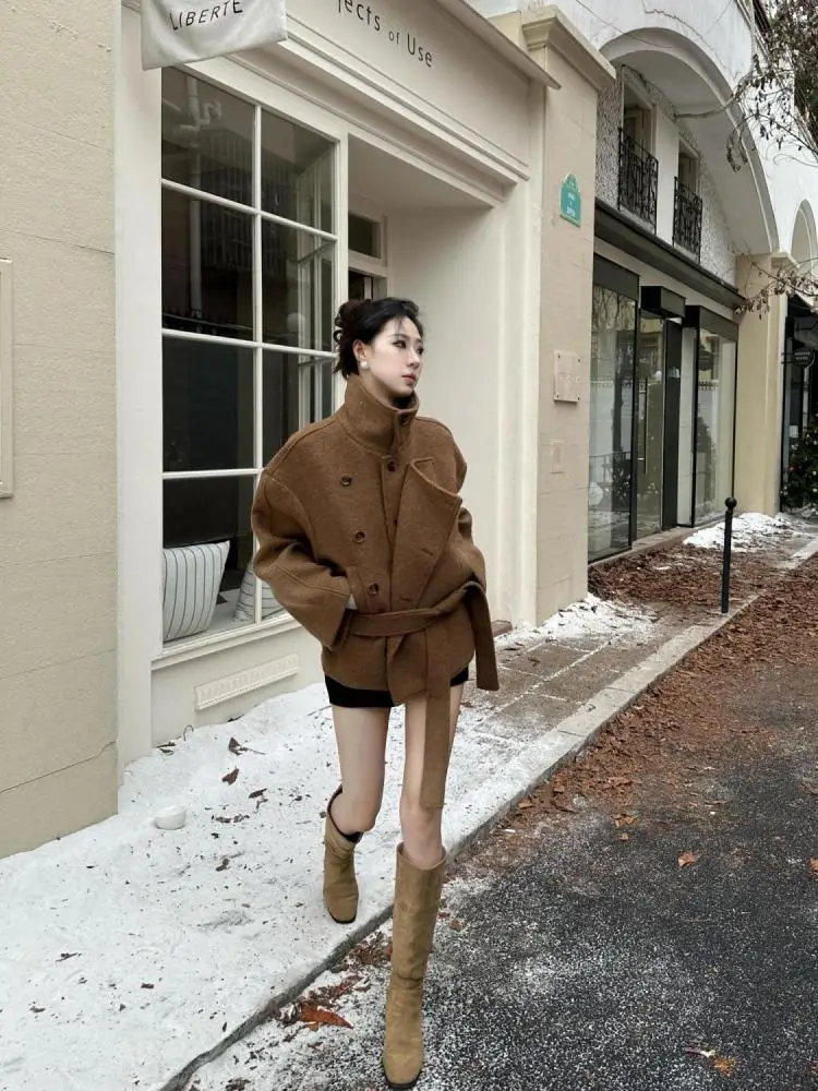 

Корейское винтажное 2025, новое модное осенне-зимнее коричневое элегантное праздничное пальто, женские двубортные кардиганы на шнуровке, популярная куртка