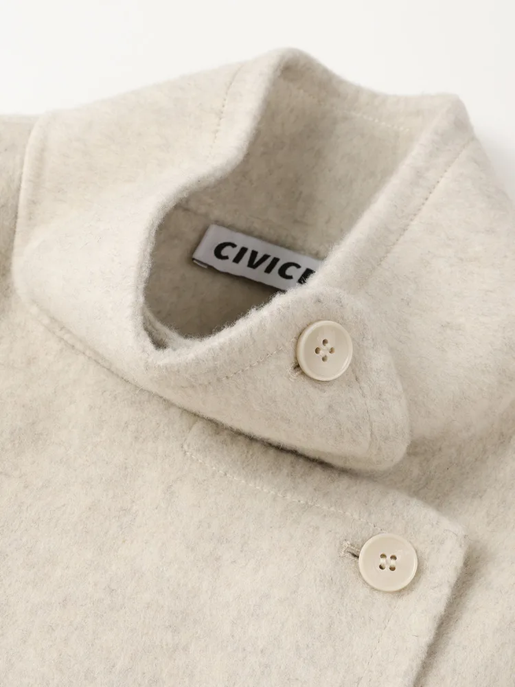 ZMEENNA レディース ショート ブレンド ピーコート オーバーサイズ ベージュ ジャケット ハイスタンドカラー ミニマリスト スタイル 冬 アウター ZM4257