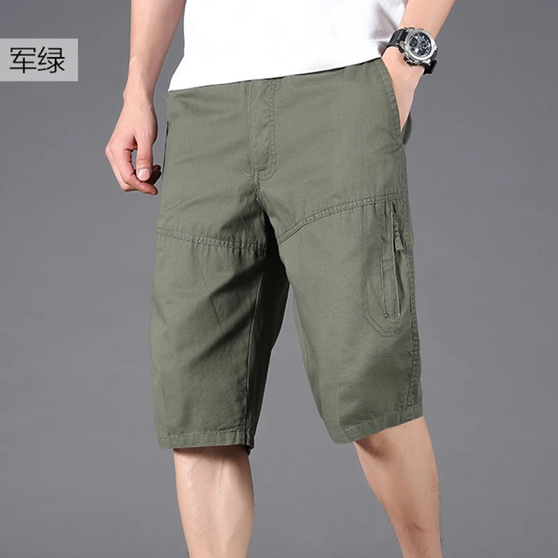 Summer Loose Casual Straight Pure Cotton Shorts Male Solid Color Fashion Pocket Knee Length All-match Pants Men Short Trousers