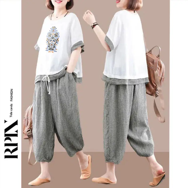 Conjuntos de correspondência de moda folk verão novo solto oversized linho xadrez terno de duas peças feminino shirring conjuntos de cintura elástica jj736