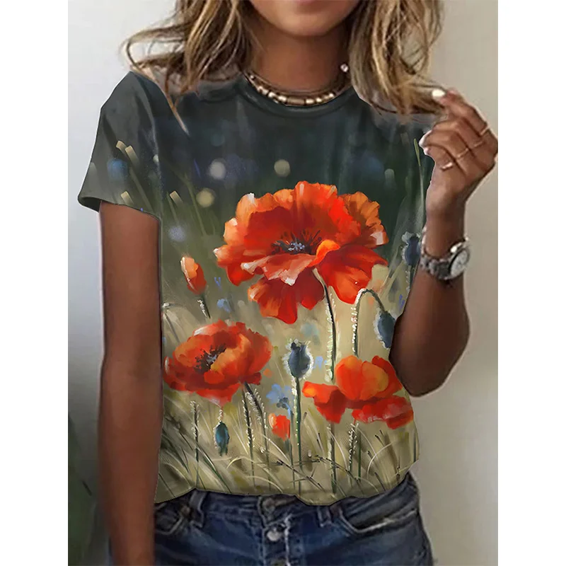 

Summer New 3D Flower Floral Printed T Shirt Birds Graphic T-shirts Women Fashion Harajuku Short Sleeves Unisex Tops Clothes Tees