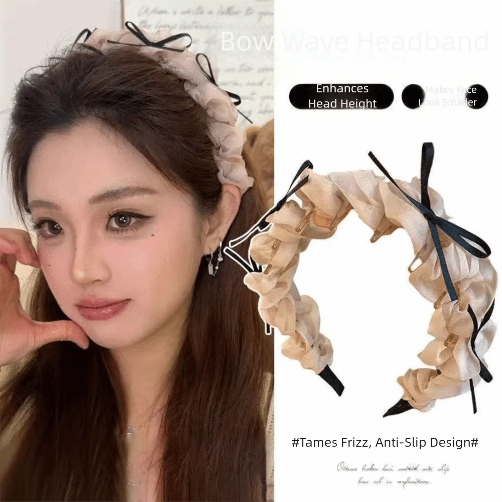 패션 레이스 메쉬 여성 헤어밴드 미끄럼 방지 주름 리본 땋은 머리띠 톱니 모양 헤어 후프 헤어 액세서리