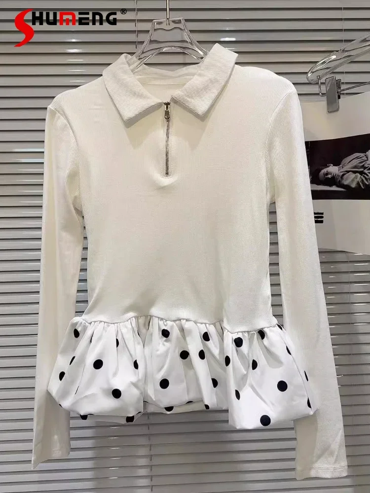 Women's 2025 Spring New Tees Feminine Personality Sweet Polka Dot Contrast Color Tops Long-sleeve Shirt Skirt Design T-shirts