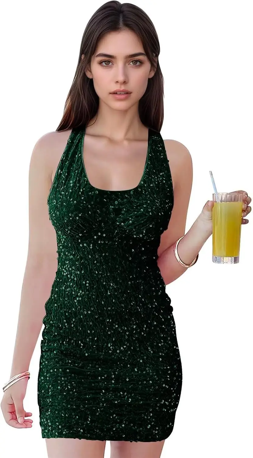 

2025Fashion Glitter Back To School Dress,Youth Short HOCO Dress,Sparkling BirthdayParty Dance Cocktail Hanging Neck Evening Gown