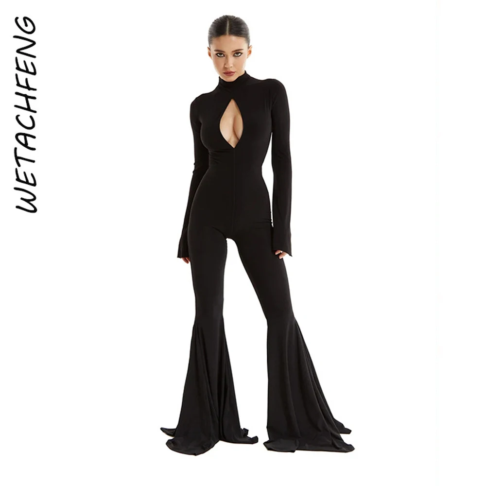 

Women's Sexy Slim Black Hollow Out Long Sleeve Flare Pants Jumpsuit Streetwear Skinny One Piece Fitness Outfits Overalls Clothes