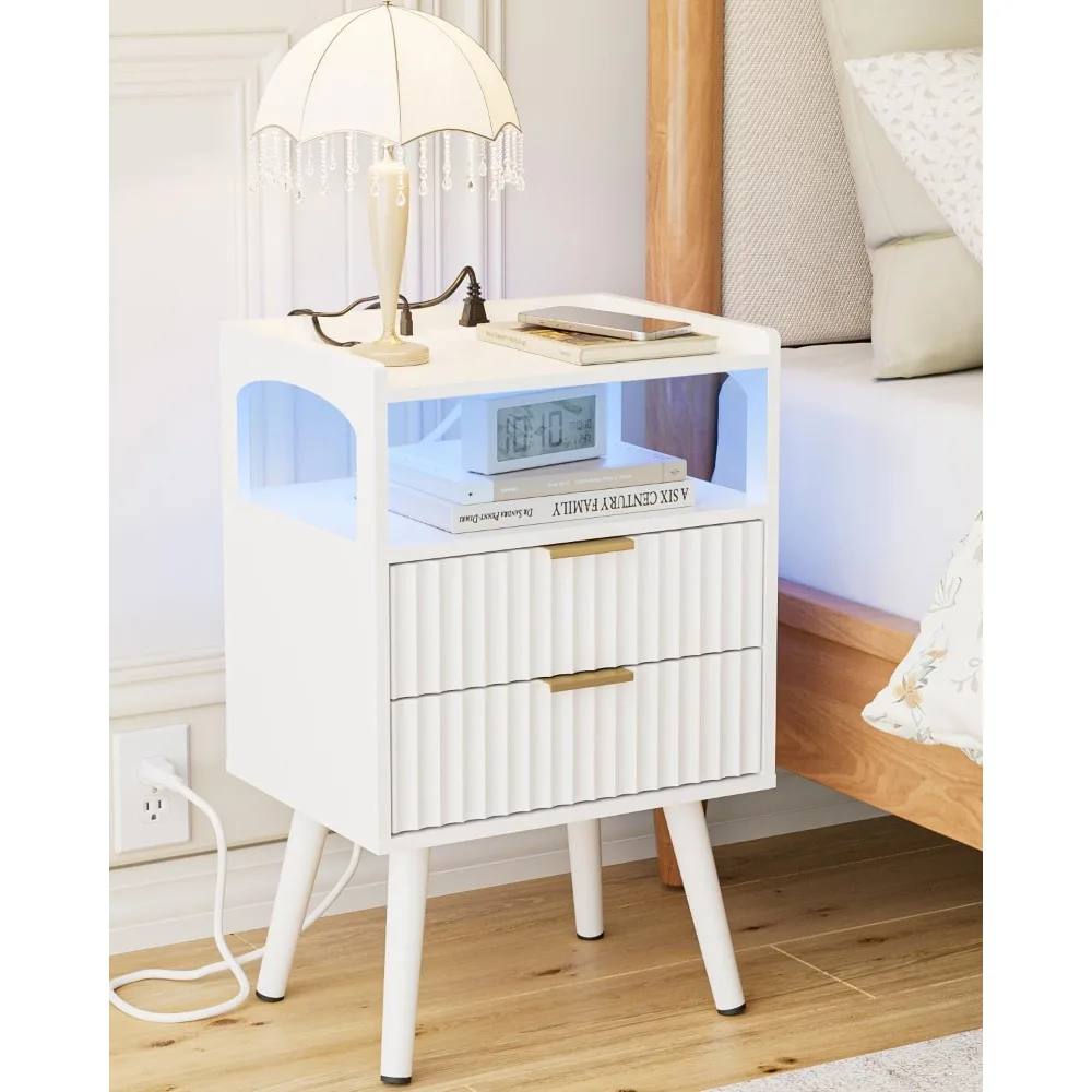 

Contemporary Bedside Table with Charging Station, LED Lights, 2 Drawers, and Open Shelf in White with Solid Wood Construction