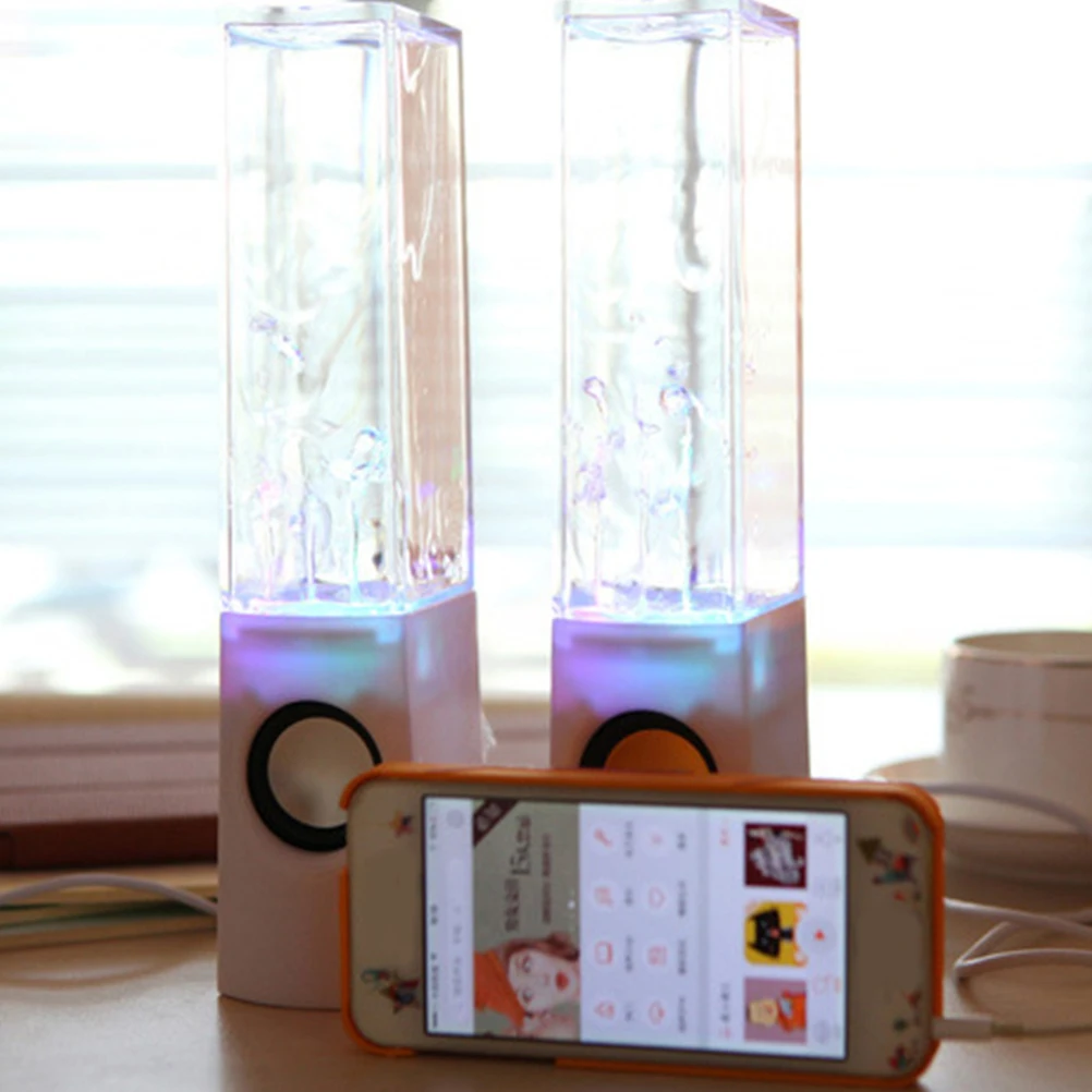 

One Pair Fountain Speakers Colorful LED Lights Bass Stereo Speakers for PC Smartphone Laptop (White)