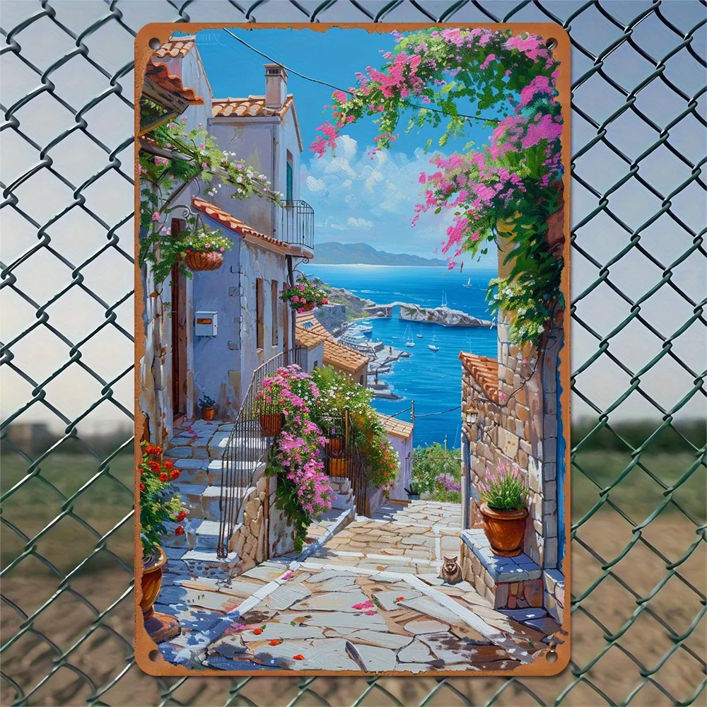 Vintage Greek Seaside Village Street View Tin Wall Decoration 8x12 Inch Metal Tin Plate Suitable for Home Garage Decoration