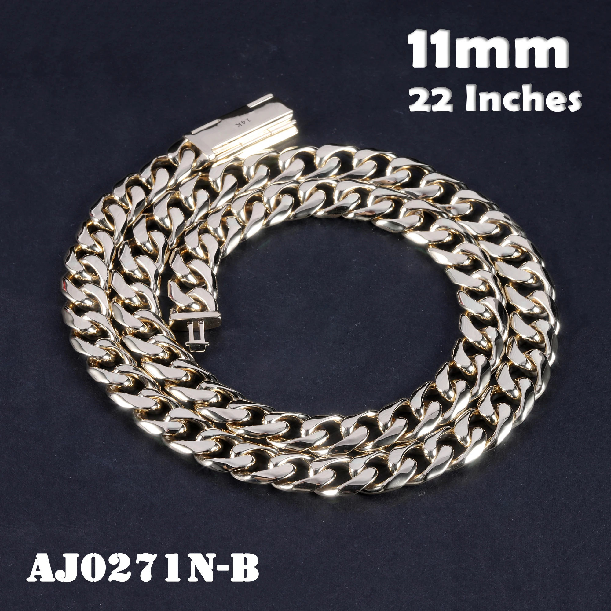 AJ0271 Hip Hop Jewelry Width Size Necklace 11mm 22 Inches 14K Real Gold Miami Cuban Link Chain