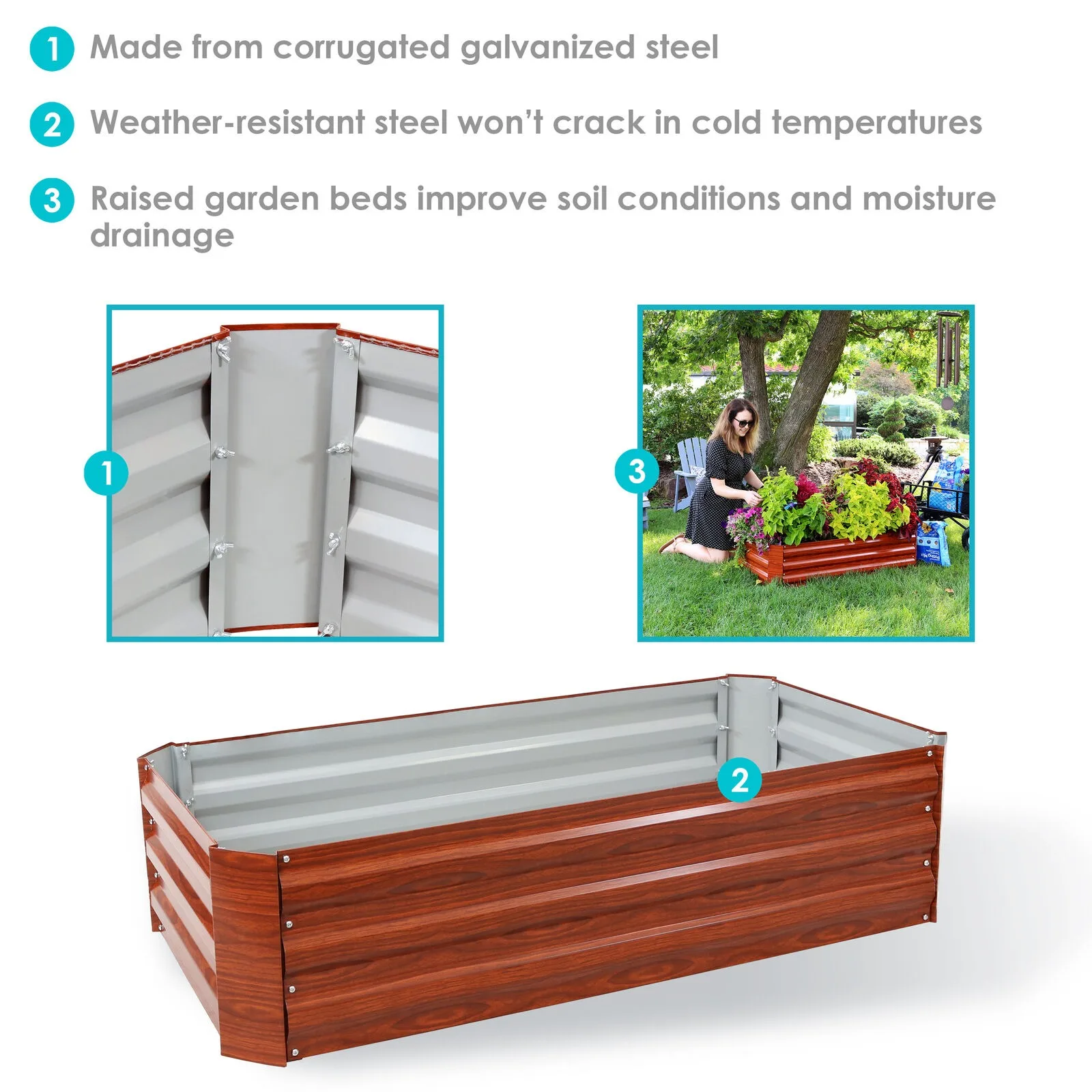 US Galvanized Steel Rectangle Raised Garden Bed - 48 in - Woodgrain by Sunnydaze