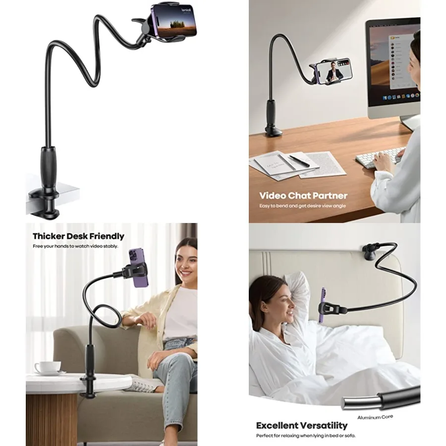 

Gooseneck Phone Holder for Bed - [Upgraded Stable Clip] for Desk, Headboard, Bed, Bedside, Table, Flexible Gooseneck Long Arm S