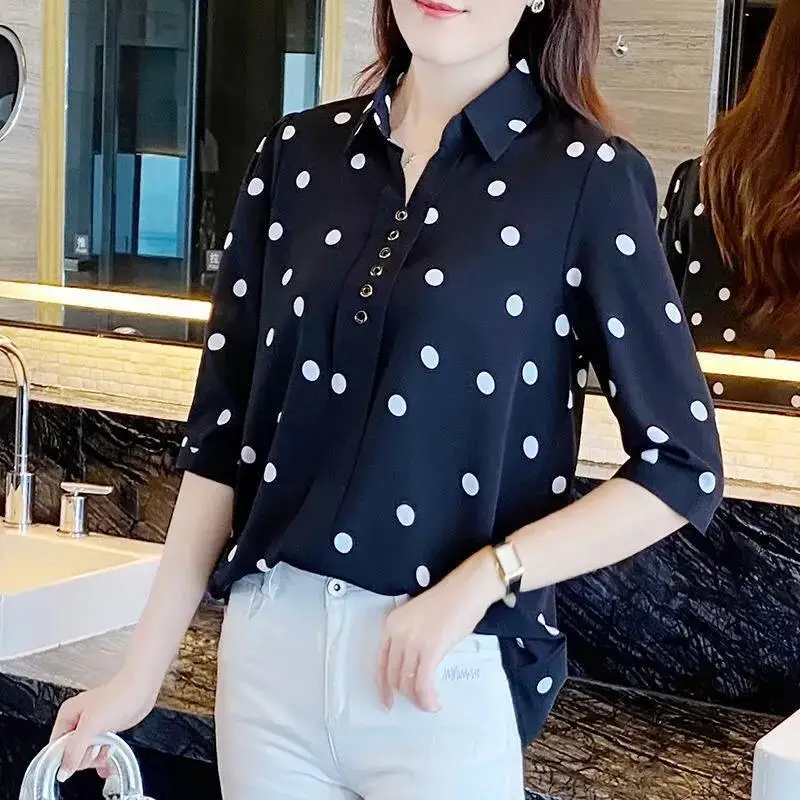 Fashion Lapel Printed Polka Dot Button Oversized Chiffon Shirt New Summer and Autumn Casual Tops Loose Commute Women\'s Blouse