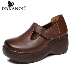 DRKANOL Handmade Retro Style Women Platform Shoes Spring Summer Genuine Cow Leather Wedges Heel Shallow Casual Shoes H21315L