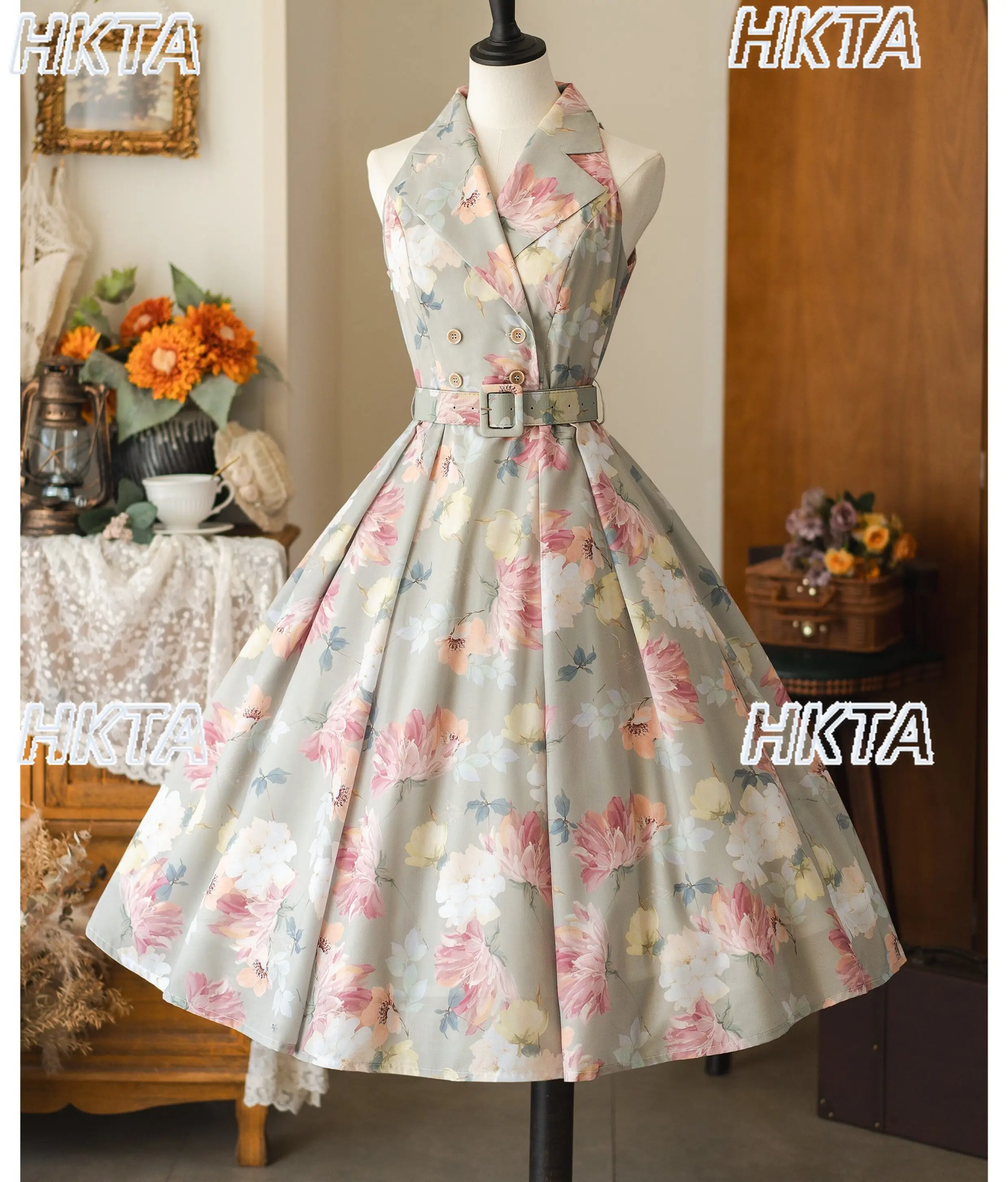 

Hepburn Style Vintage Long Dress 2026 New Summer Notched Collar Slim Printed Swing Dress Women Daily Elegant Suit Collar Dresses