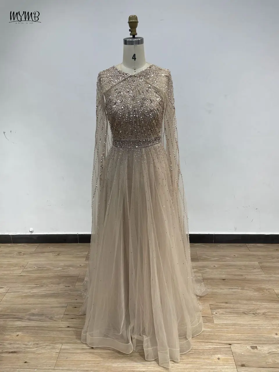 MYMB Luxury Grey Cape Sleeves A-Line Beaded Elegant Women Wedding Guest Dress for Arabic Evening Party vestidos de gala DKN0344