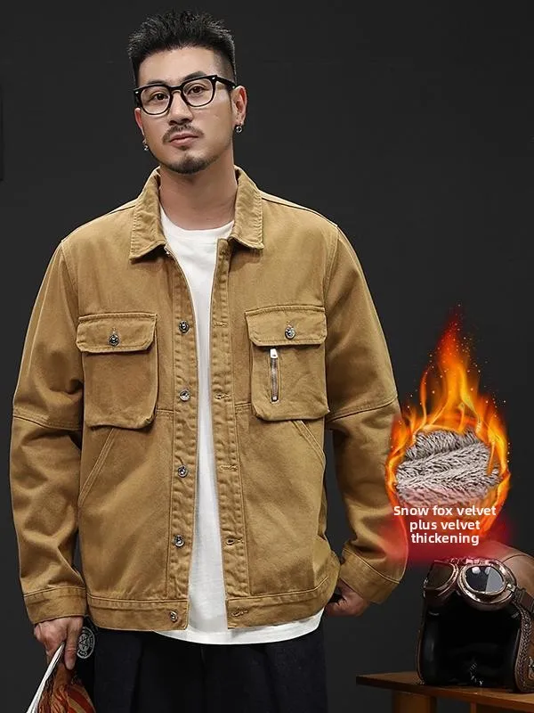 

Men's Workwear Denim Jacket Autumn Winter Thickened Fleece Loose Multi-Pocket Jacket Trendy Brand Youth Popular Long Sleeve