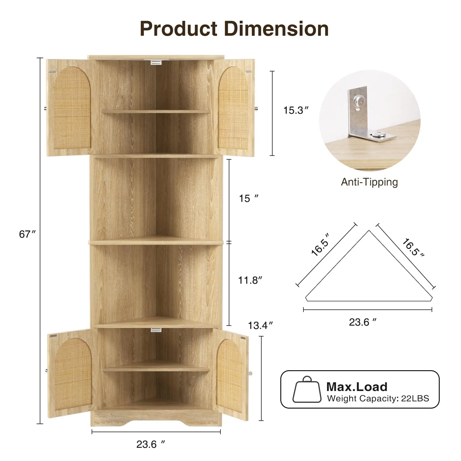 Vabches 67''H Tall Corner Cabinet Storage Cabinet with Rattan Door&Adjustable Shelves Space Saver Corner Cabinet for Living Room