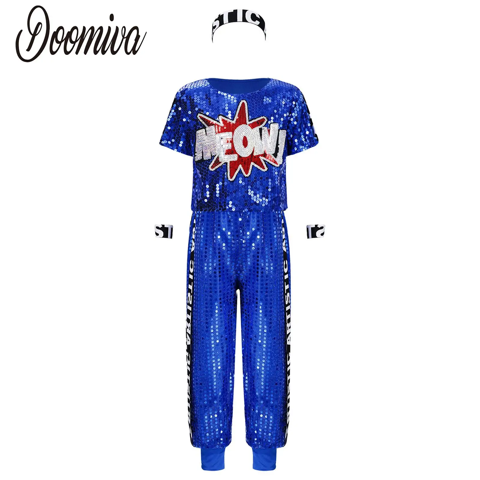 

Sports Outfits Kids Girls Shiny Sequins Street Hip hop Dance Suit Short Sleeve Shirts Pants and Headband Cuffs Performance Set