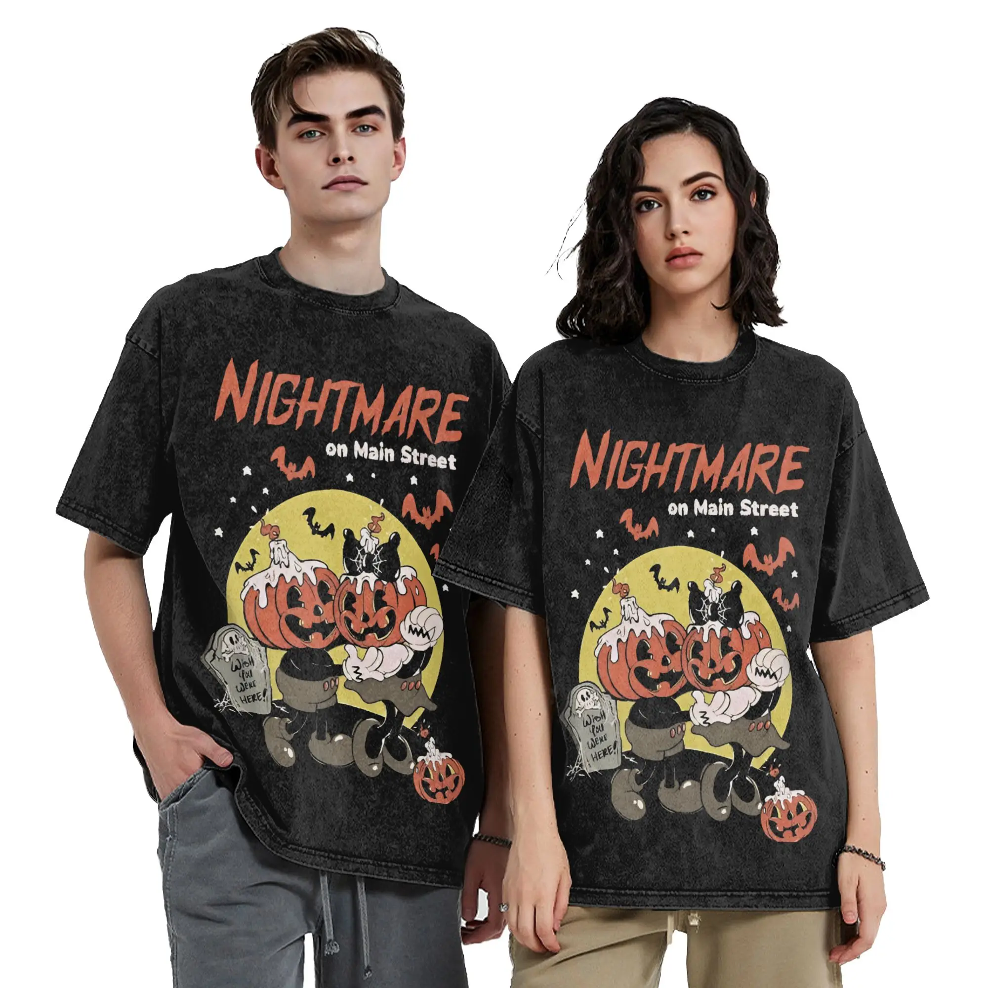 Pumpkin Mainstreet Washed T Shirts Streetwear Hip Hop T-Shirt Halloween Nightmare Tees Tops Men Women Street Graphic Printed