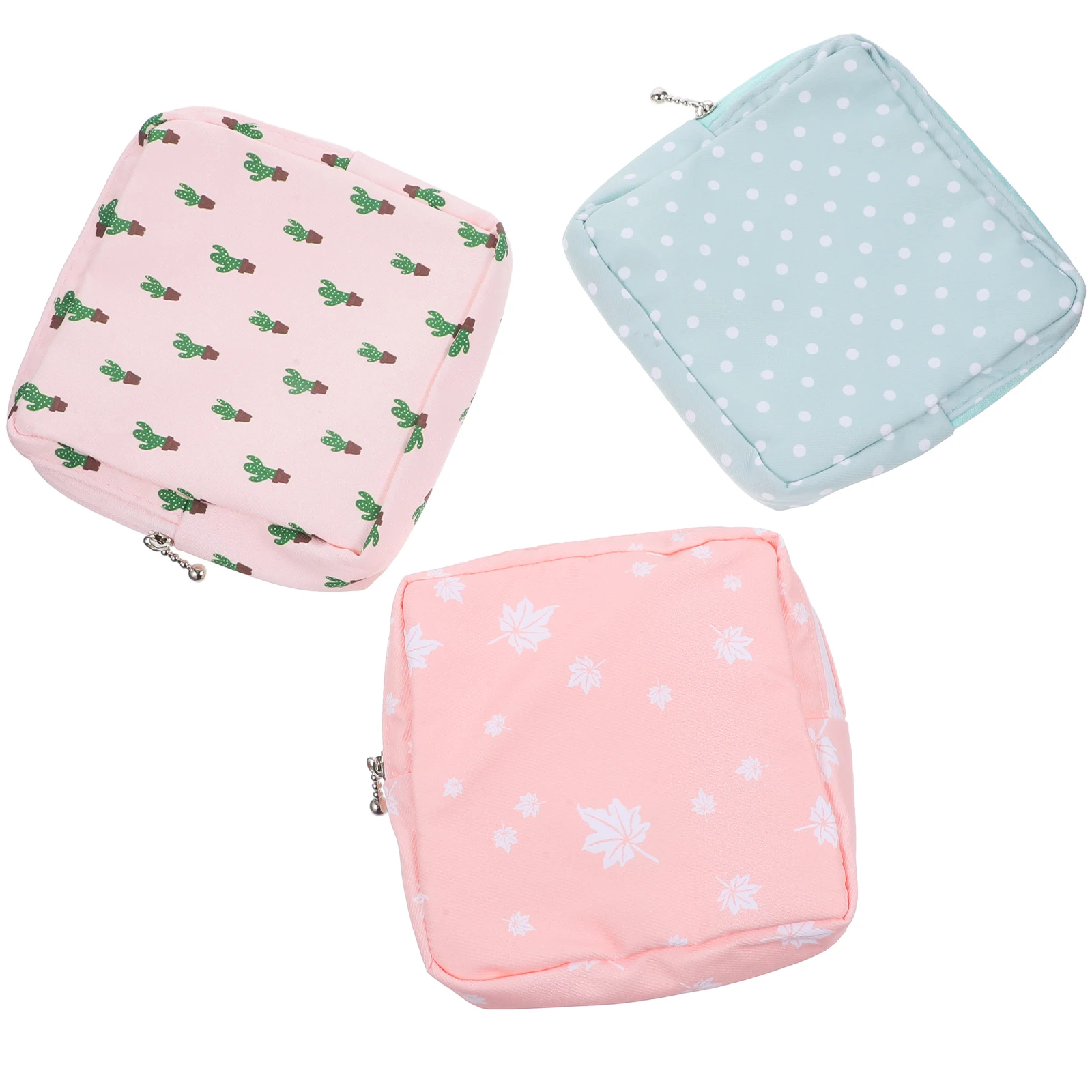 

3 Pcs Sanitary Napkin Storage Portable Period Multi Function Small Bag Green Dot Cactus Pink Leaf Hygiene Bag Menstrual Pad