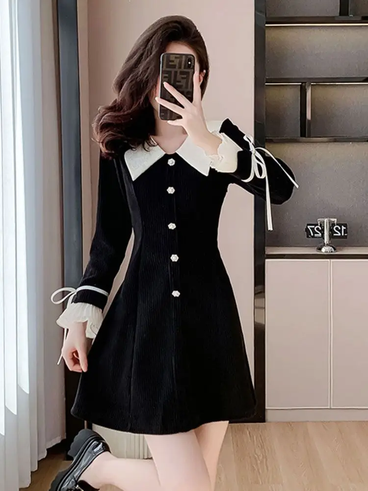 Corduroy Dress Women\'s Doll Collar Ruffled Long Sleeved Short Skirt