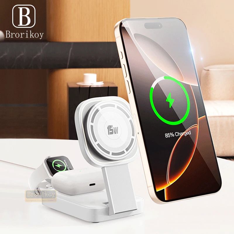 15W Magnetic Wireless Charger For iPhone16 15 14 13 12 ProMax Mini 16Plus iWatch Airpods Foldable Wireless Charging Station 3in1