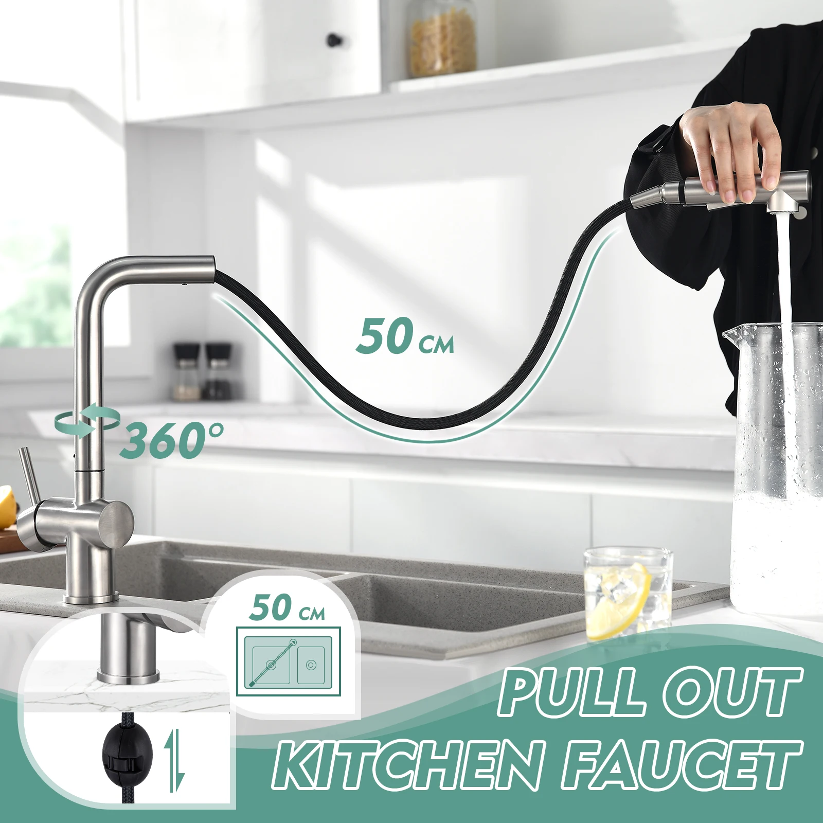 304 Stainless Steel Waterfall Single Handle New Decoration Style Water Pull Out Kitchen Faucet