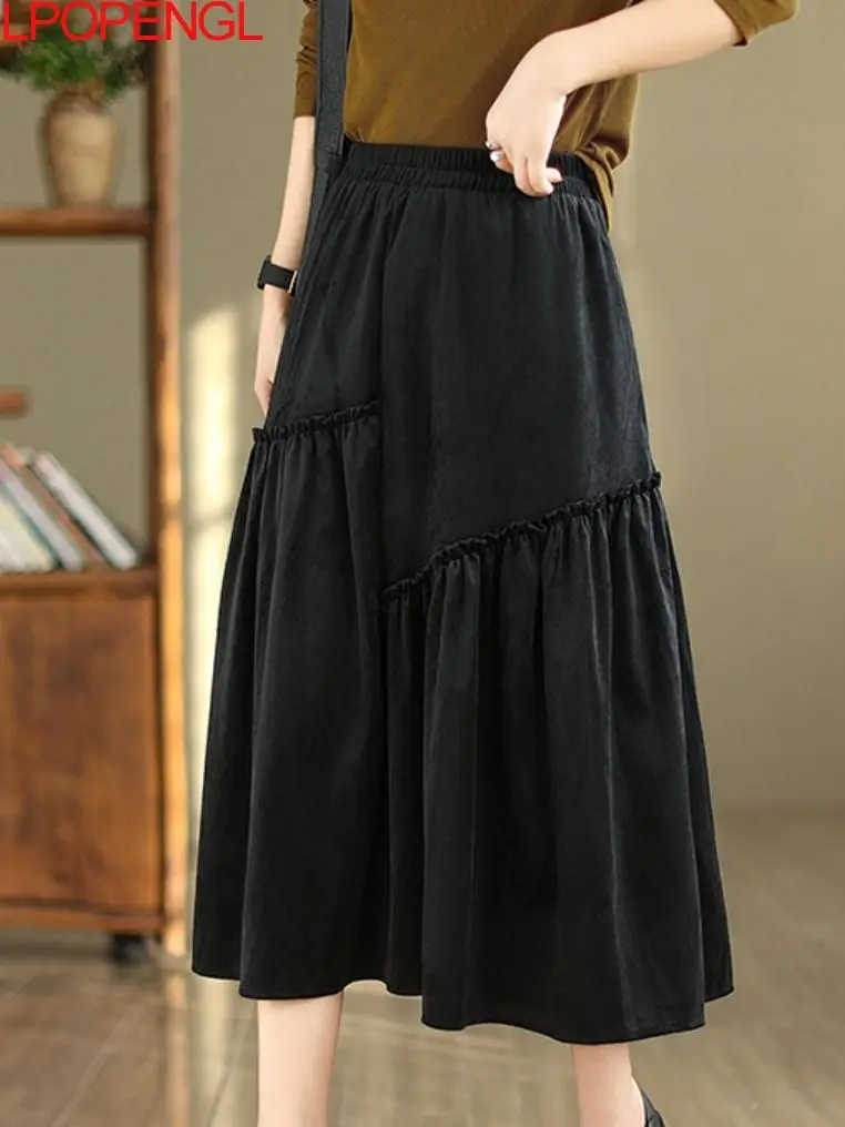 

2023 Fashion Woman's Autumn New Literary Vintage Patchwork Solid Color Irregular Loose Casual Temperament A-line Mid-calf Skirt