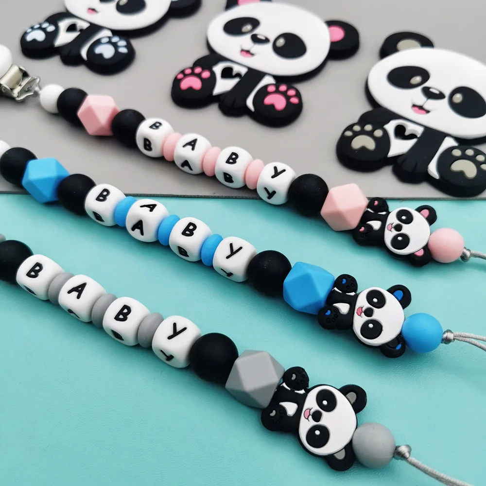 Custom English Russian Letters Name Baby Silicone Panda Pacifier Clips Chains Teether Pendants Baby  Teething Kawaii Toys Gifts