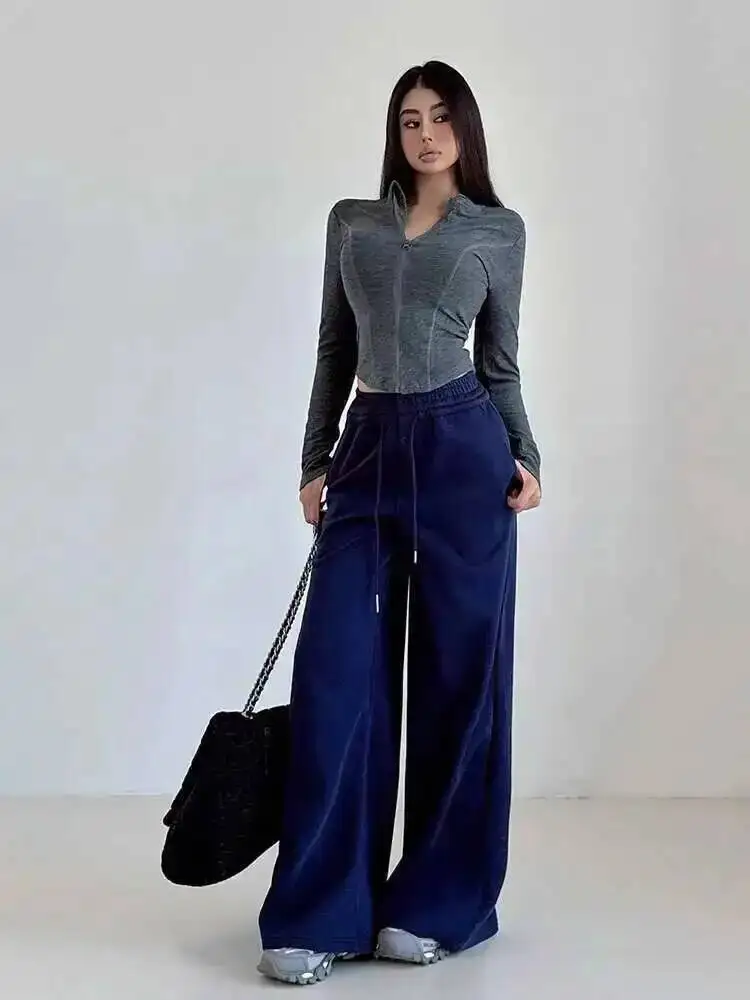 الأمريكية الساخنة فتاة زر مرونة الخصر الرباط بنطال ذو قصة أرجل واسعة المرأة 2025 الخريف فضفاض موضة غير رسمية النساء السراويل 8IOS