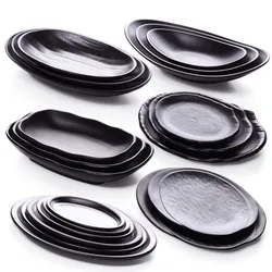 Black Frosted Oval Plastic Dinner Plate Melamine Tableware Picnic Barbecue Plate Snack Plate Sushi Plate Creative Tableware