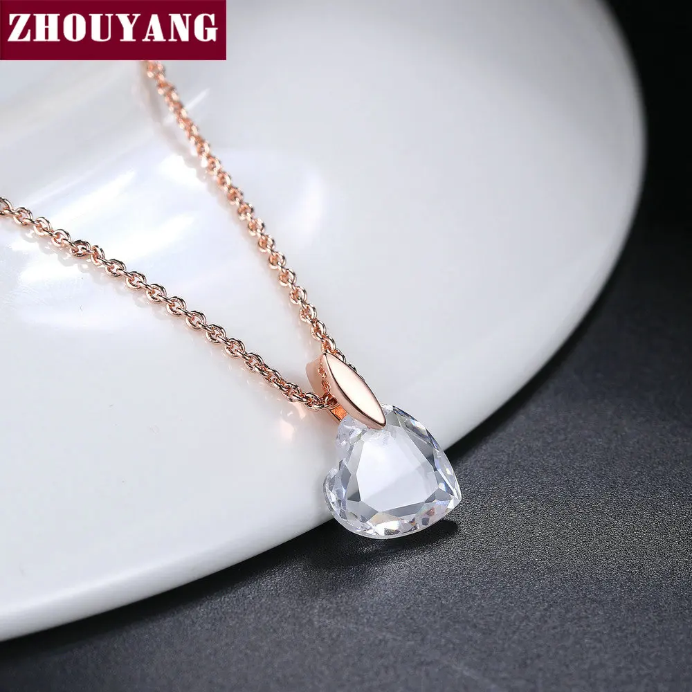 ZHOUYANG Pendant Necklace For Women Clear Heart-cut Crystal Rose Gold Color Fashion Jewelry Gift ZYN126