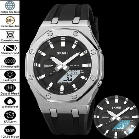 Skmei Fashion World Time Multifunction Sports Watches for Men LED Waterproof Digital Analog Display Luxury Quartz Wristwatch