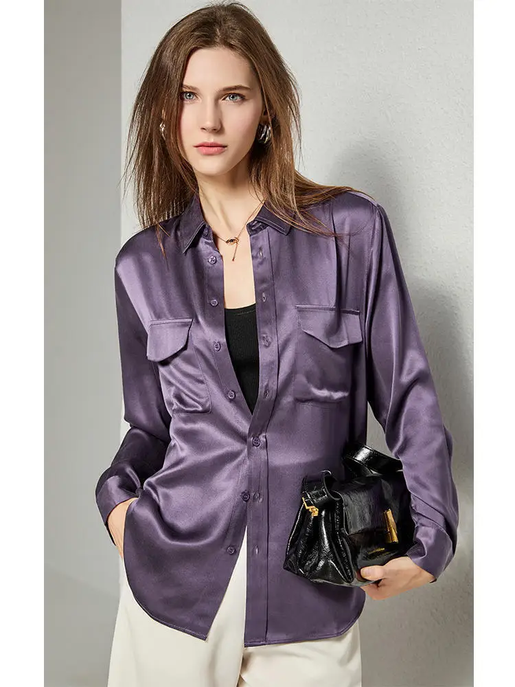 Women 20mm 100% Real Silk Shirts Double Pocket Turn Down Collar  Purple Loose Long Sleeve Blouse Tops