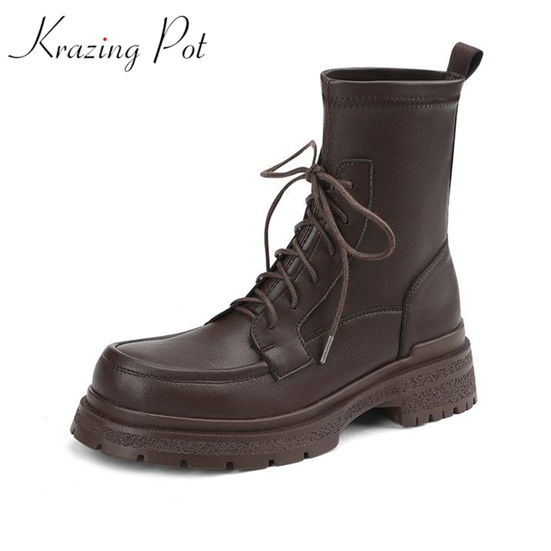 

Krazing Pot Cow Leather Thick Bottom Med Heels Lace Up Retro Fashion Western Boots Warm Winter Shoes Platform Luxury Ankle Boots