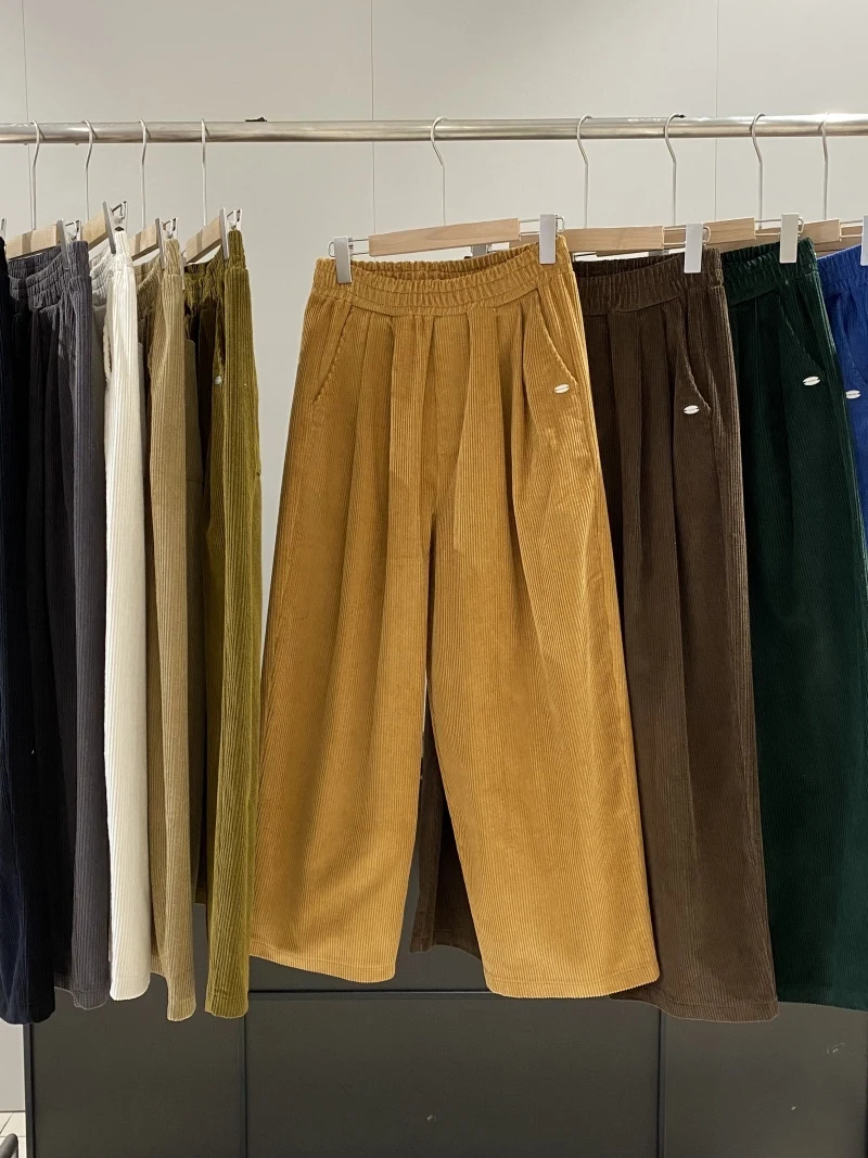 

Осенние вельветовые брюки из чистого хлопка для женщин, однотонные, простые, с эластичной резинкой на талии, широкие брюки, корейские повседневные модные свободные брюки
