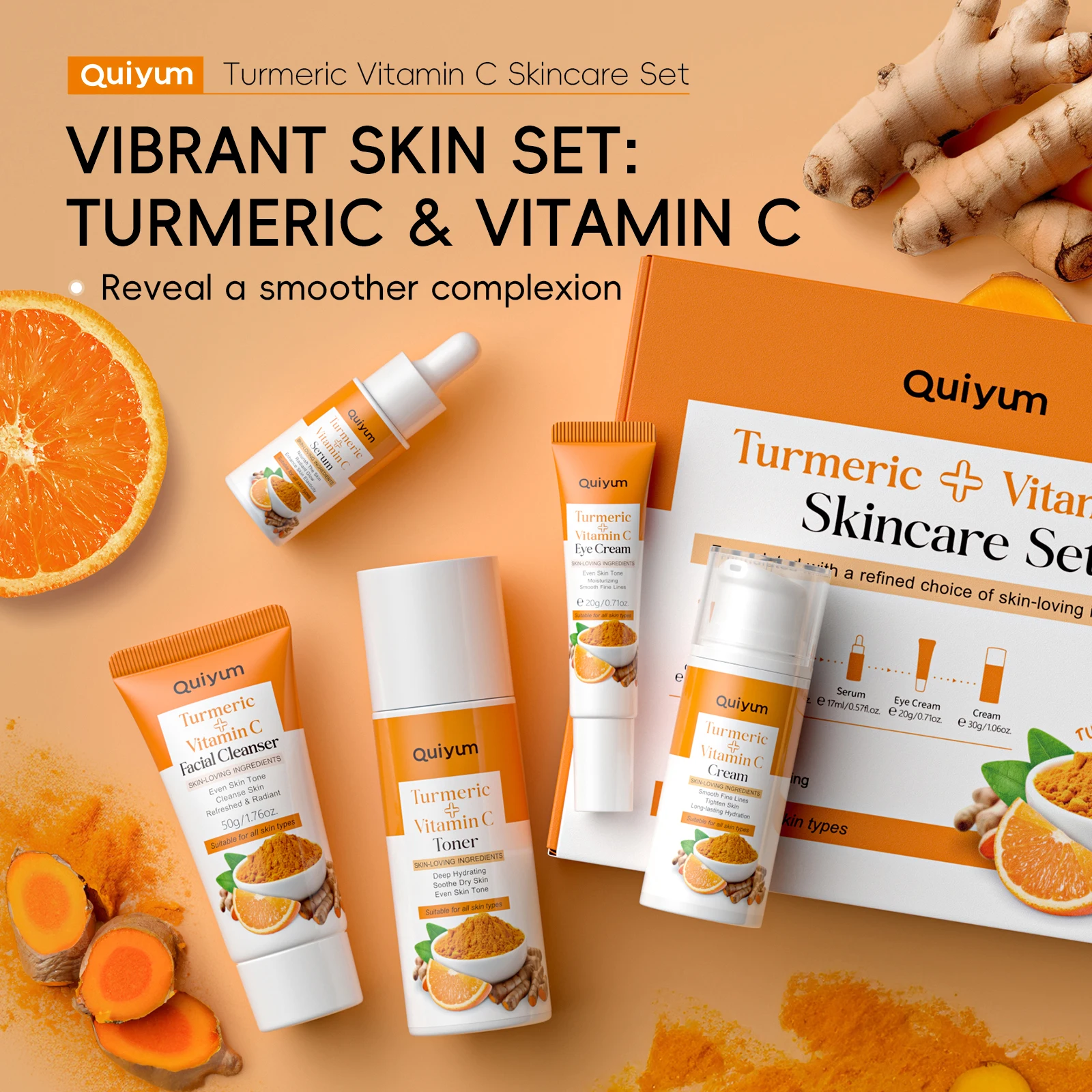 QUIYUM Turmeric Vitamin C Skincare Set 5PCS Hydrating Radiance Booster Tightening Treatment Anti-Aging Gift Kit