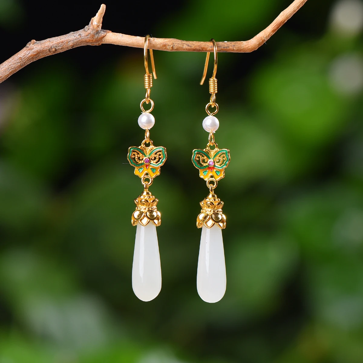 Genuine China Nephrite Stone White Hetian Jade 925 Silver Colorful Enamel Butterfly Waterdrop Earrings Women Certified Jewelry