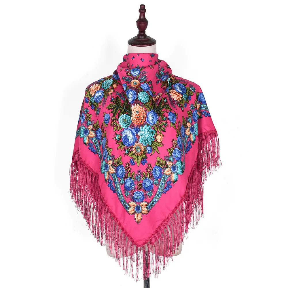 Russian Scarf Shawl Women Head Wrap Hijab Babushka Ukrainian Scarves Square Blanket Tassel Retro Handkerchief 110cm Fringe Scarf