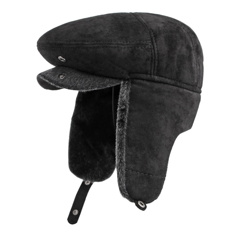 Winter Men's Cap Plush Thicken Berets Hat With Ear flap Duckbill Newsboy Middle Aged Elderly Herringbone Flat Peaked Hat Male - Image 3