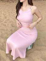 Summer New Women Camisole Skirt 2 Piece Sexy Lace Pink Sweet Backless Tank Casual Slim Elegant Lady Maxi Skirt Knitted Clothing
