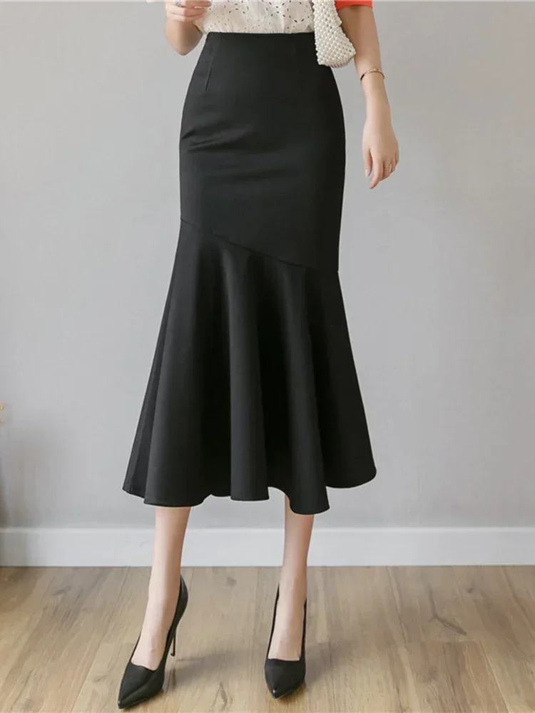 Spring Autumn New Ruffle Skirt Women Over The Knee OL Professional Hip Fishtail Skirt High Waist Slim Stretch Skirt UK905