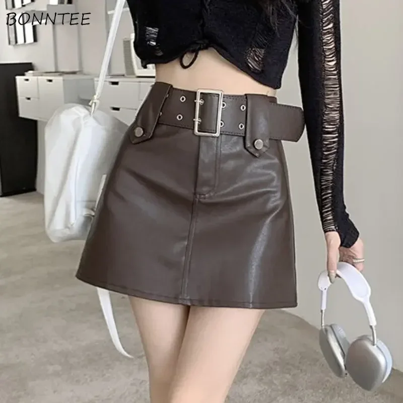 

Leather Skirts Women Mini Sexy Vintage Belt Streetwear Cool Simple High Waist Summer Female Casual Party All-match Daily 2023
