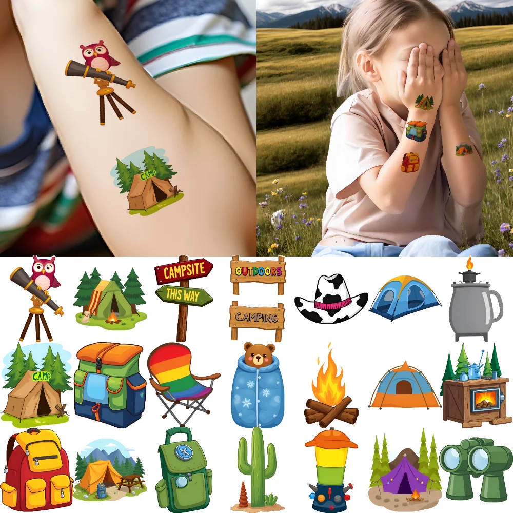

54pcs Temporary Tattoo Camping Stickers Cartoon Camp Hiking Decorations Temporary Tattoo Stickers For Cheeks Arms Shoulders