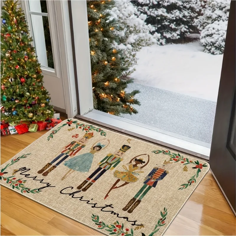 Nutcracker Ballet Christmas Doormat, Merry Christmas Holly Wreath Printed Floor Mat, Front Door Holiday Home Decor