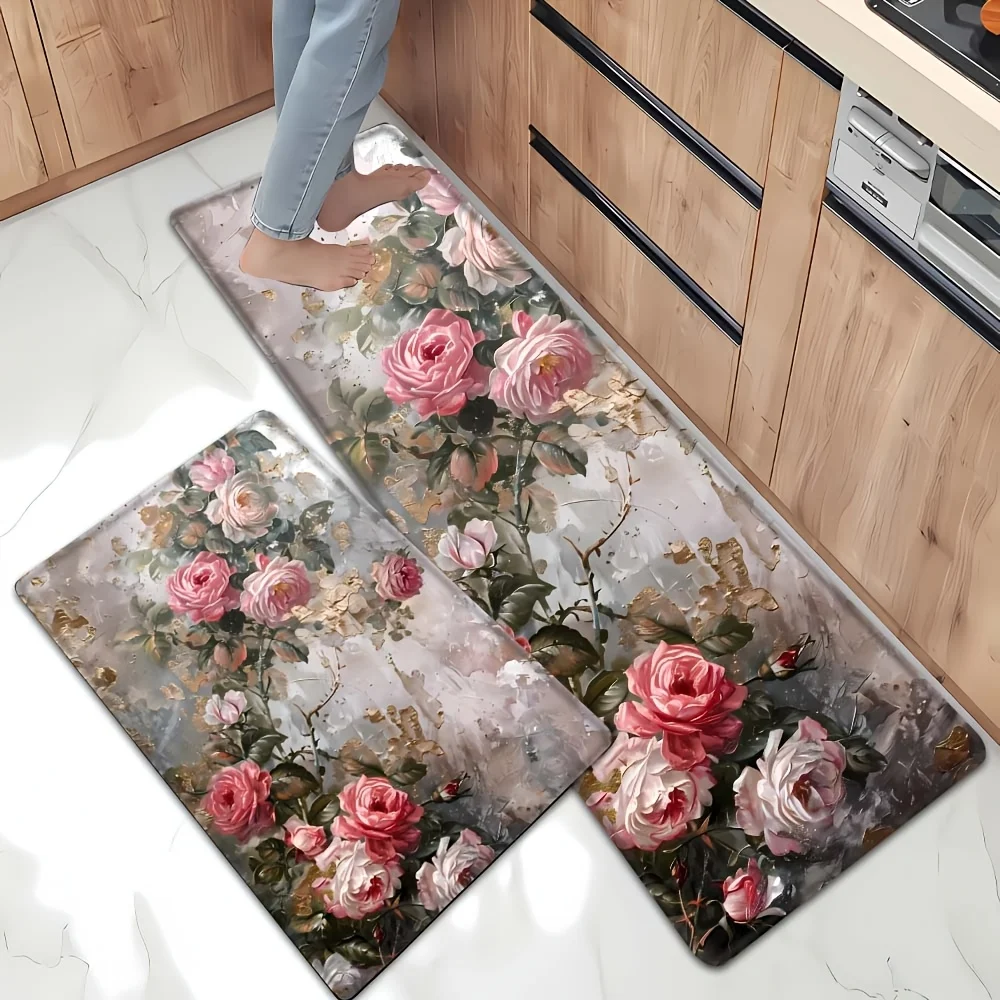 Romantic Rose Strip Carpet Spring Plant and Flower Long Anti Slip Carpet Farmhouse Kitchen Living Room Dining Room Rug