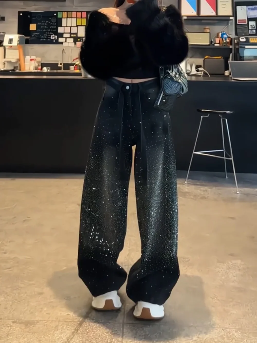 

High Waist Wide Leg Jeans Women's Spring 2026 New Design Sense Drilled Diamond Knife Casual Cotton Zipper Pants
